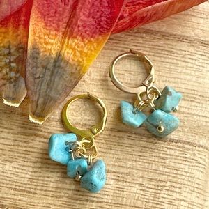 Turquoise confetti gold dangle chandelier earrings raw turquoise dainty jewelry
